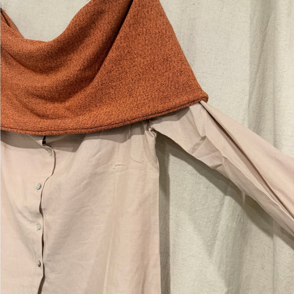 Off Shoulder Colorblock Blouse Draped Knit Top Beige Rust Long Sleeve Boho Chic - Picture 3 of 6